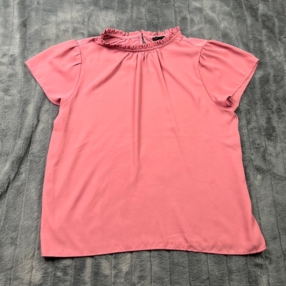 Ann Taylor Factory Pink Ruffle Mock Neck Short Sleeve Blouse Large RN77379